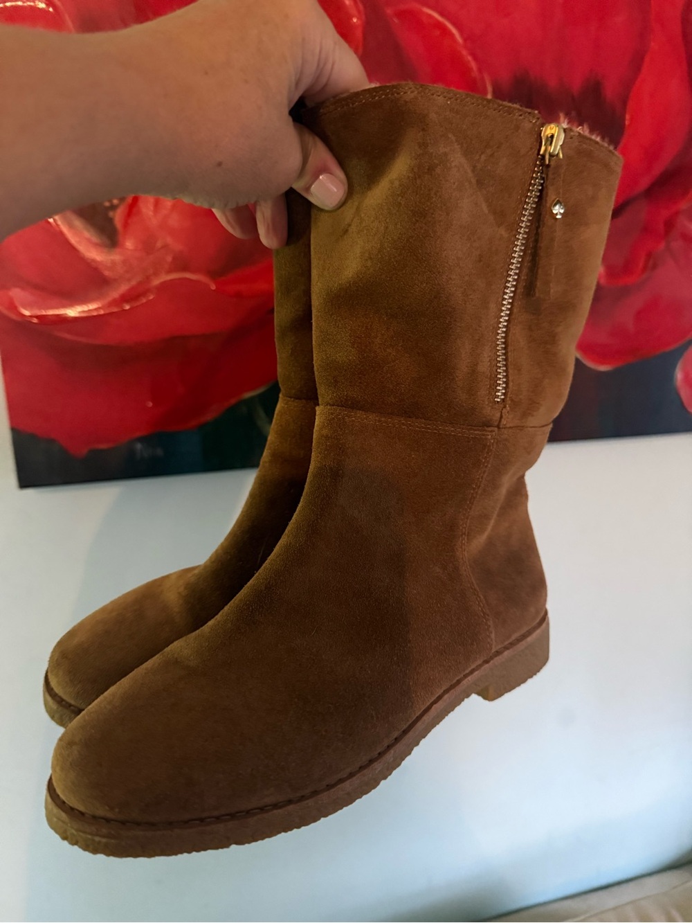 kate spade new york Womens Brown Suede Mid-Calf Zip Faux Fur Lined Boots size 6